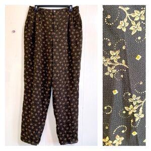 Harold’s Office Formal Brown Floral 100% Silk High Waist Straight Pants Size 14.